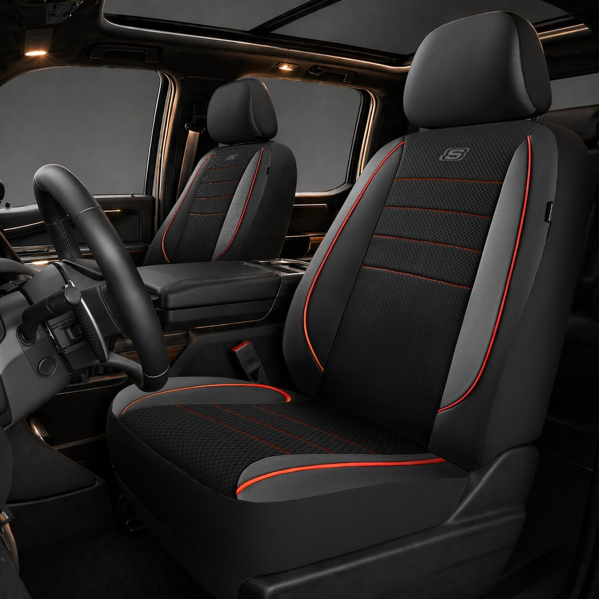 Skechers Air-Cooled Memory Foam Seat Covers,Mesh Thick Car Seat Covers,Piping Leather Car Seat Covers Front Seats,Airbag Compatible,Automotive Comfort Universal FitMost Cars,Vans,Truck,SUV,Black
