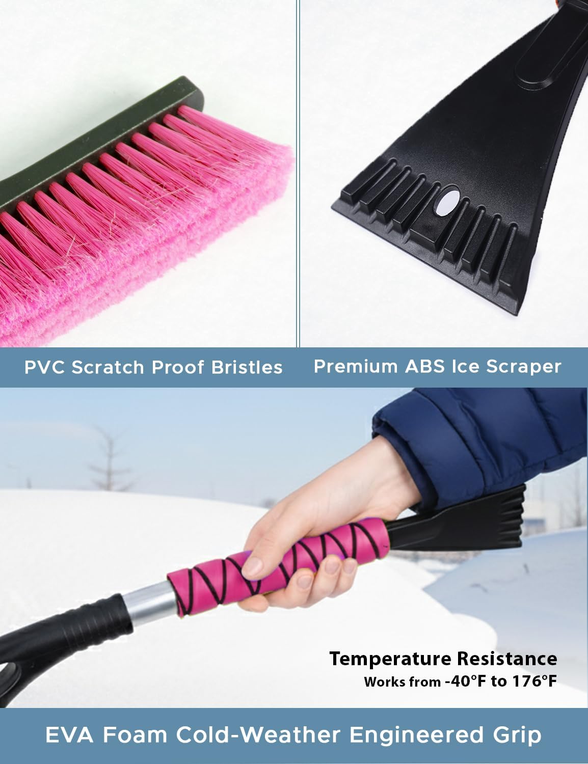 Autovir 27" Snow Brush and Ice Scrapers for Car Windshield (1 Pack), Window Ice and Snow Scraper with Ergonomic Foam Grip, Snow Windshield Scraper with Aluminum Body, Winter Car Accessories (Green)