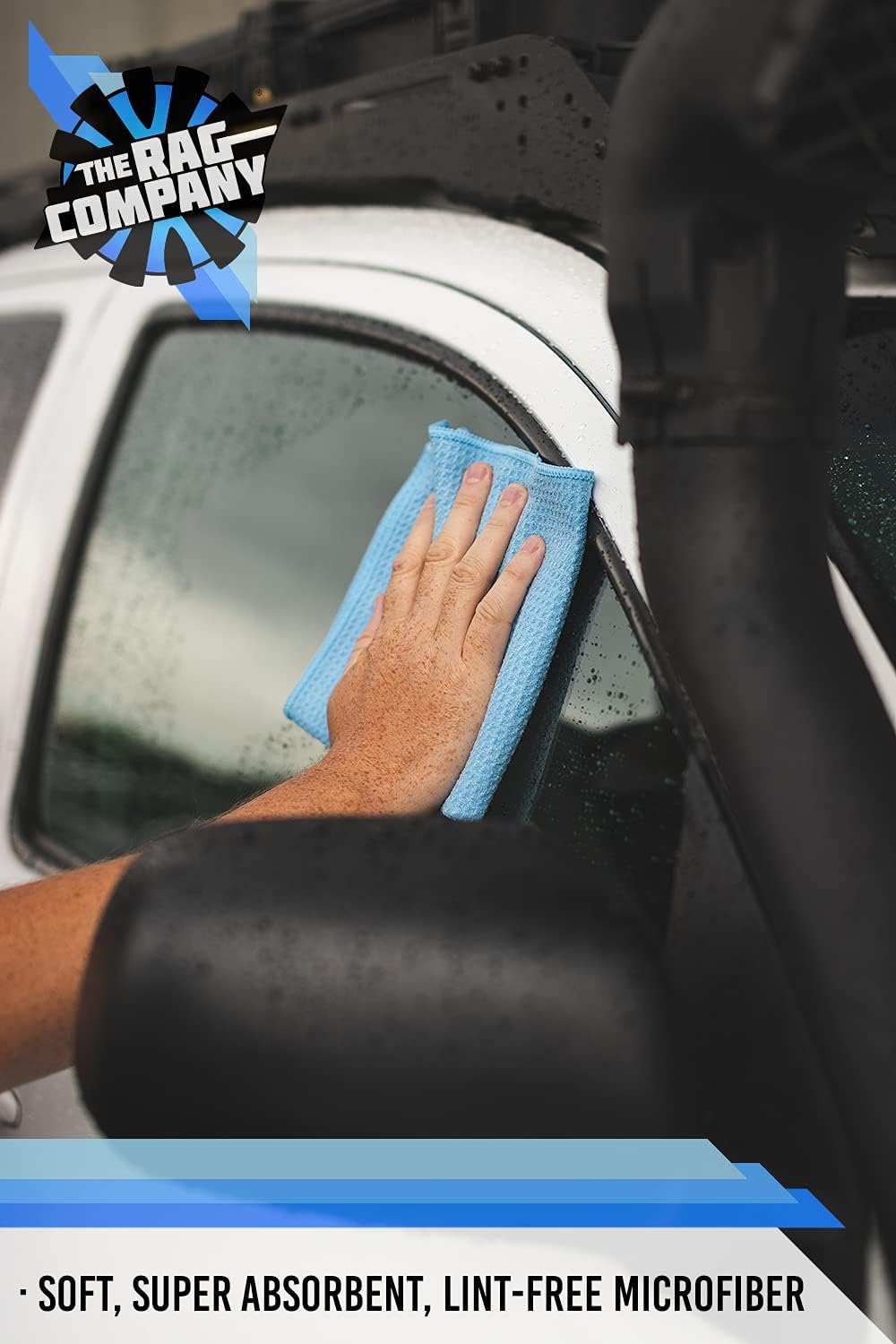 The Rag Company - Standard Waffle Weave Towels, Microfiber Detailing, Window/Glass and Drying, Wax & Polish, Lint-Free, Streak-Free, 370gsm, 16in x 16in, Light Blue (3-Pack)