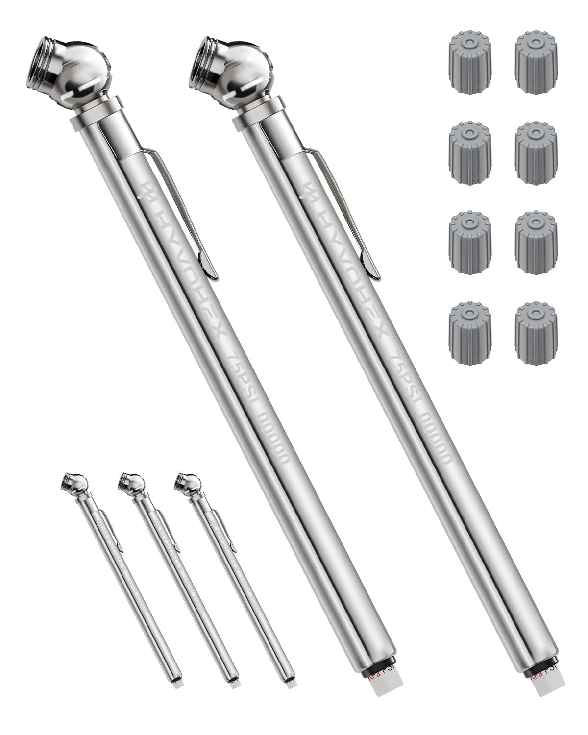 Pencil Tire Pressure Gauge 2 Pack with Valve Caps, Stainless Steel Body Tire Gauges for Tire Pressure with Deflator Valve, Metal Nozzle Tire Gauge for Cars, Pickups, RVs, Bicycles
