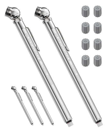 Pencil Tire Pressure Gauge 2 Pack with Valve Caps, Stainless Steel Body Tire Gauges for Tire Pressure with Deflator Valve, Metal Nozzle Tire Gauge for Cars, Pickups, RVs, Bicycles