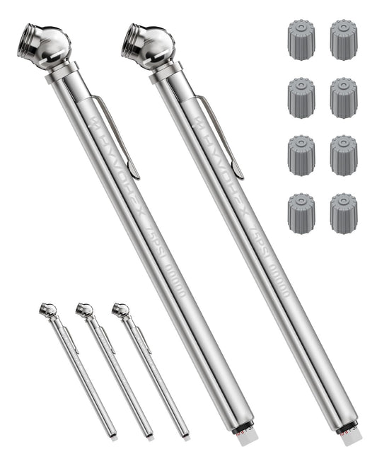 Pencil Tire Pressure Gauge 2 Pack with Valve Caps, Stainless Steel Body Tire Gauges for Tire Pressure with Deflator Valve, Metal Nozzle Tire Gauge for Cars, Pickups, RVs, Bicycles