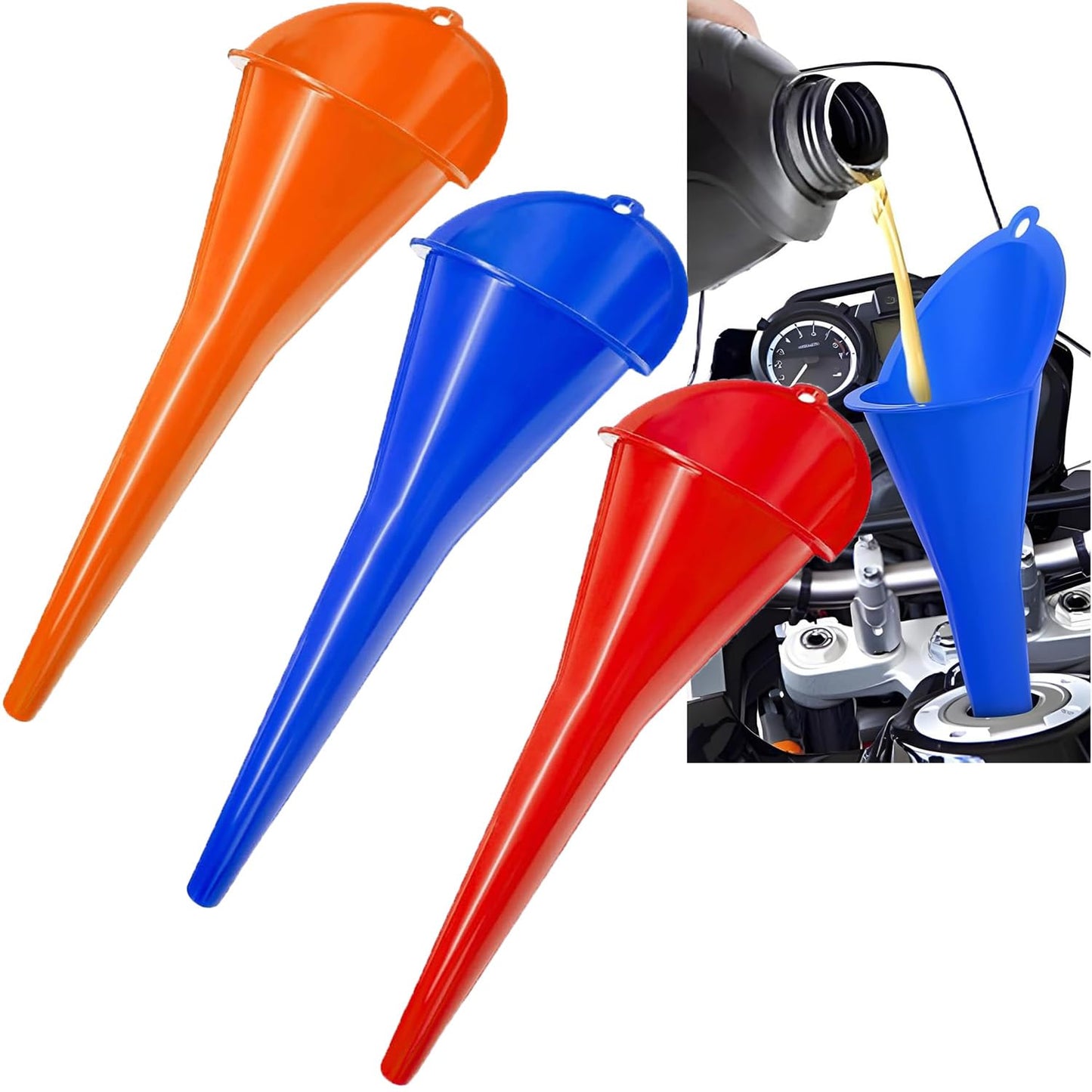 3-Pack Long-Neck Oil Funnels, 11" Multi-Purpose Funnels for Automotive & Motorcycle Use – Reusable Funnel for Oil, Gas & Transmission Fluid (Orange&Blue&Black)