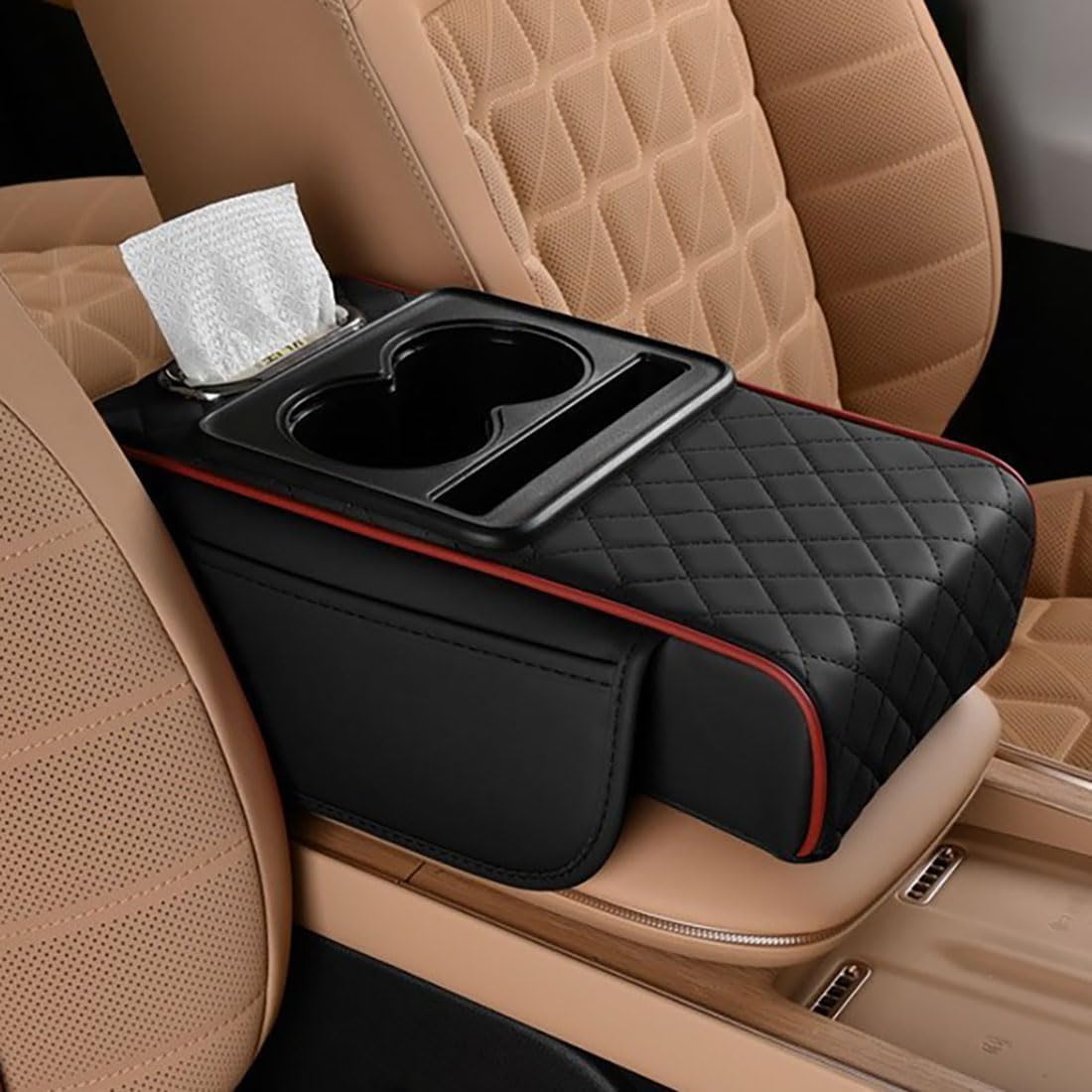Car Armrest Cushion,5-in-1 Center Console Cover with 2 Storage Bags Cup Holder, Tissue Box Slot, Phone Slot for Sedans, Car Accessories Interior Organizers (Black)