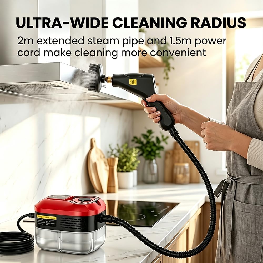 Portable Handheld Steam Cleaner: 2500W High Temperature Pressurized Steamer - Cleaning Machine with 6 levels Adjustable Steam for Multi-Surface, Kitchen, Bathroom, Furniture, Car, Windows (red)