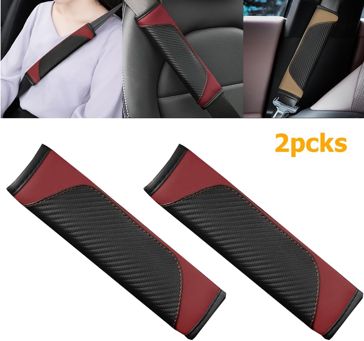 Osilly 2PCS Car Seat Belt Cover, Carbon Fiber Seatbelt Shoulder Protection, Soft Car Seat Belt Strap Cushion Protect Your Neck and Shoulder, Car Accessories Seat Belt Pad for Car Truck (Red)