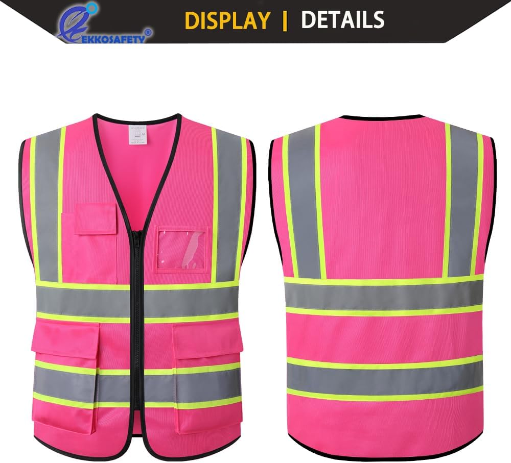 Reflective Mesh Safety Vest for Men Women with 5 Pockets and Zipper Front High Visibility Mesh Vest Hi Vis Construction Work Vest,Meets ANSI/ISEA Standards(EK175-Yellow-L)