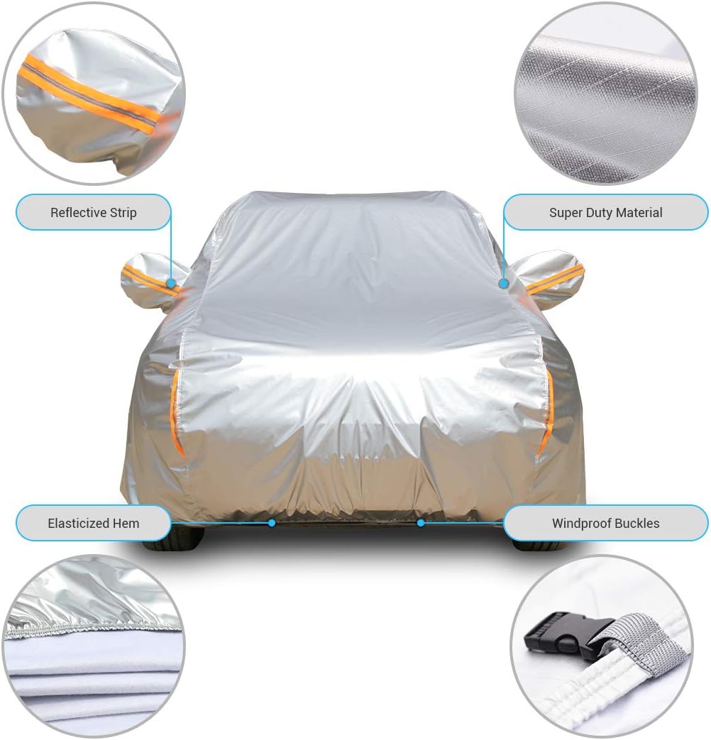 Tecoom Heavy Duty Multiple Layers Car Cover All Weather Waterproof Windproof Reflective Snow Sun Rain Protective Outdoor with Buckles and Belt Fit 191-200 Inches Sedan