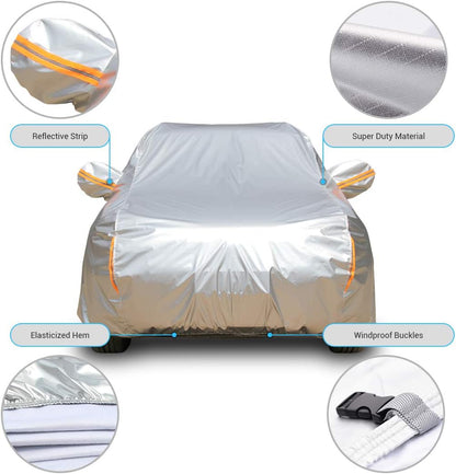 Tecoom Heavy Duty Multiple Layers Car Cover All Weather Waterproof Windproof Reflective Snow Sun Rain Protective Outdoor with Buckles and Belt Fit 191-200 Inches Sedan
