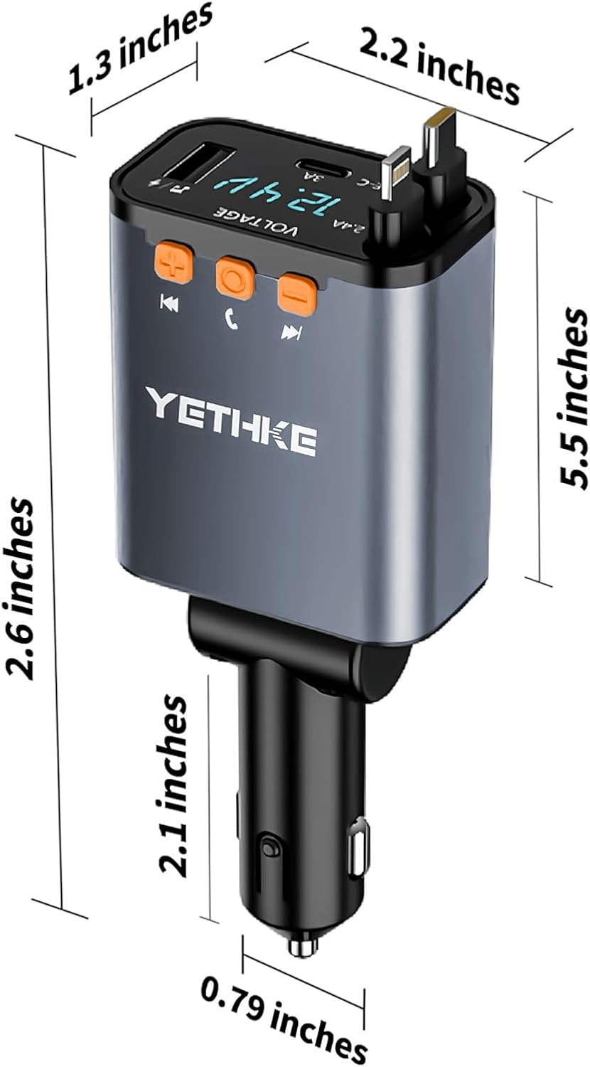 Bluetooth Car Adapter with Retractable Charger, FM Transmitter Bluetooth 5.4 for Cars, 4 in 1 Fast Car Phone Charger 69W, Handsfree Call, 2*Retractable Cable for iPhone 17/16/15/14, Galaxy-Black