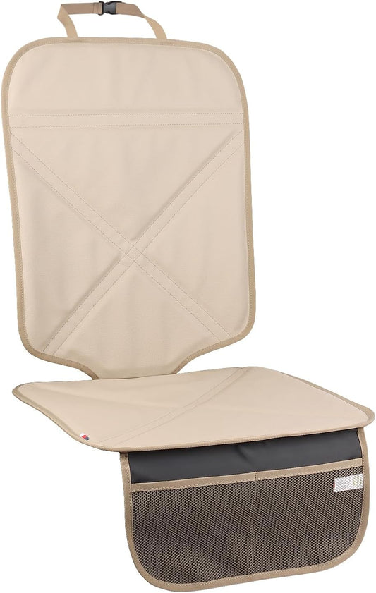 Viaviat Car Seat Protector Leather Waterproof Child Safety Seat Protector Cover with Thick Pad and 2 Large Pockets Durable Kick Mat for All Auto Seat (Beige)