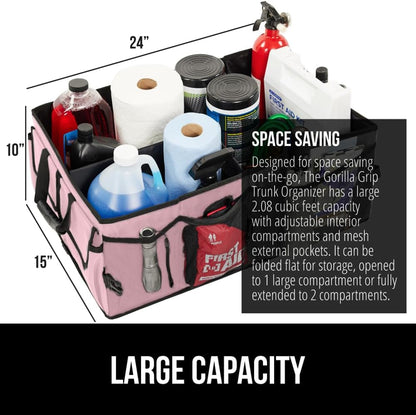 GORILLA GRIP Trunk Organizer for SUV and Cars, Large Capacity Collapsible Car Trunk Storage Organizer, Heavy Duty Car Accessories, Gifts for Mom and Dad, Slip & Water Resistant Multi Compartment Black