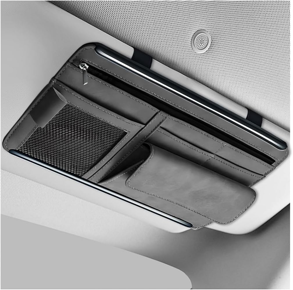 Car Sun Visor Organizer, Leather Sun Visor Pocket Organizer Case with Multi-Pocket Net Zipper, Suede Note Holder Car Visor Storage Pouch for Card Pen Sunglasses Document (Gray)