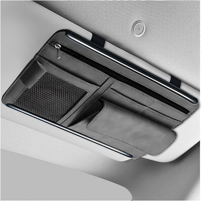 Car Sun Visor Organizer, Leather Sun Visor Pocket Organizer Case with Multi-Pocket Net Zipper, Suede Note Holder Car Visor Storage Pouch for Card Pen Sunglasses Document (Gray)