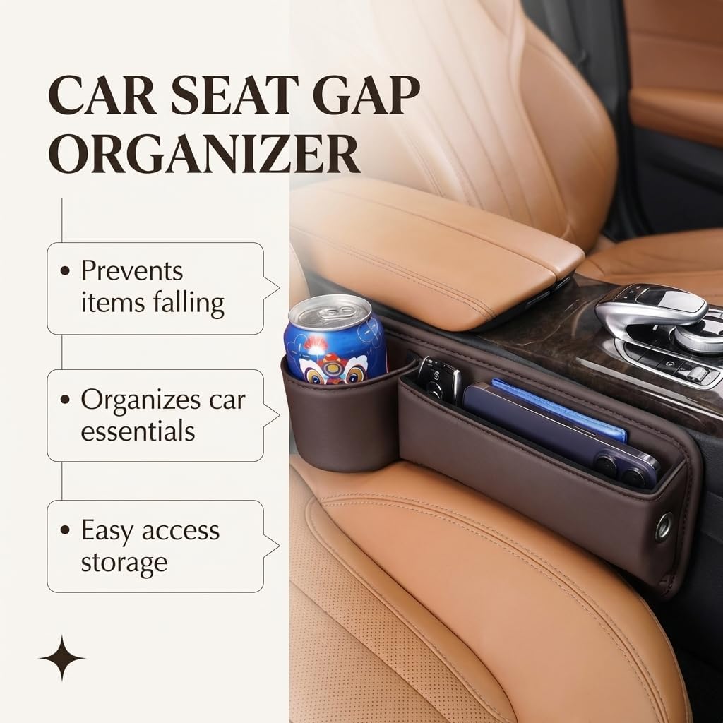 2-Pack Car Seat Gap Filler Organizer with Cup Holder - Premium Leather - Universal Fit - Keeps Cans/Phone/Keys/Wallets Organized
