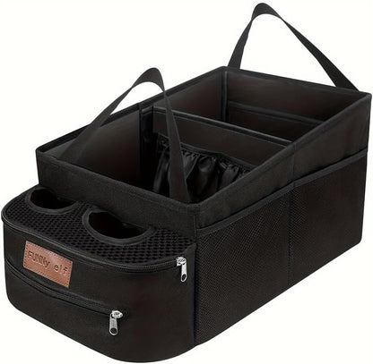 FUNNy elf Car Backseat Organizer for Cars, Collapsible Front Seat Organizer with 4 Cup Holders, Storage Pockets & Dividers, Passenger Seat Organizer for SUV, Truck, Sedan