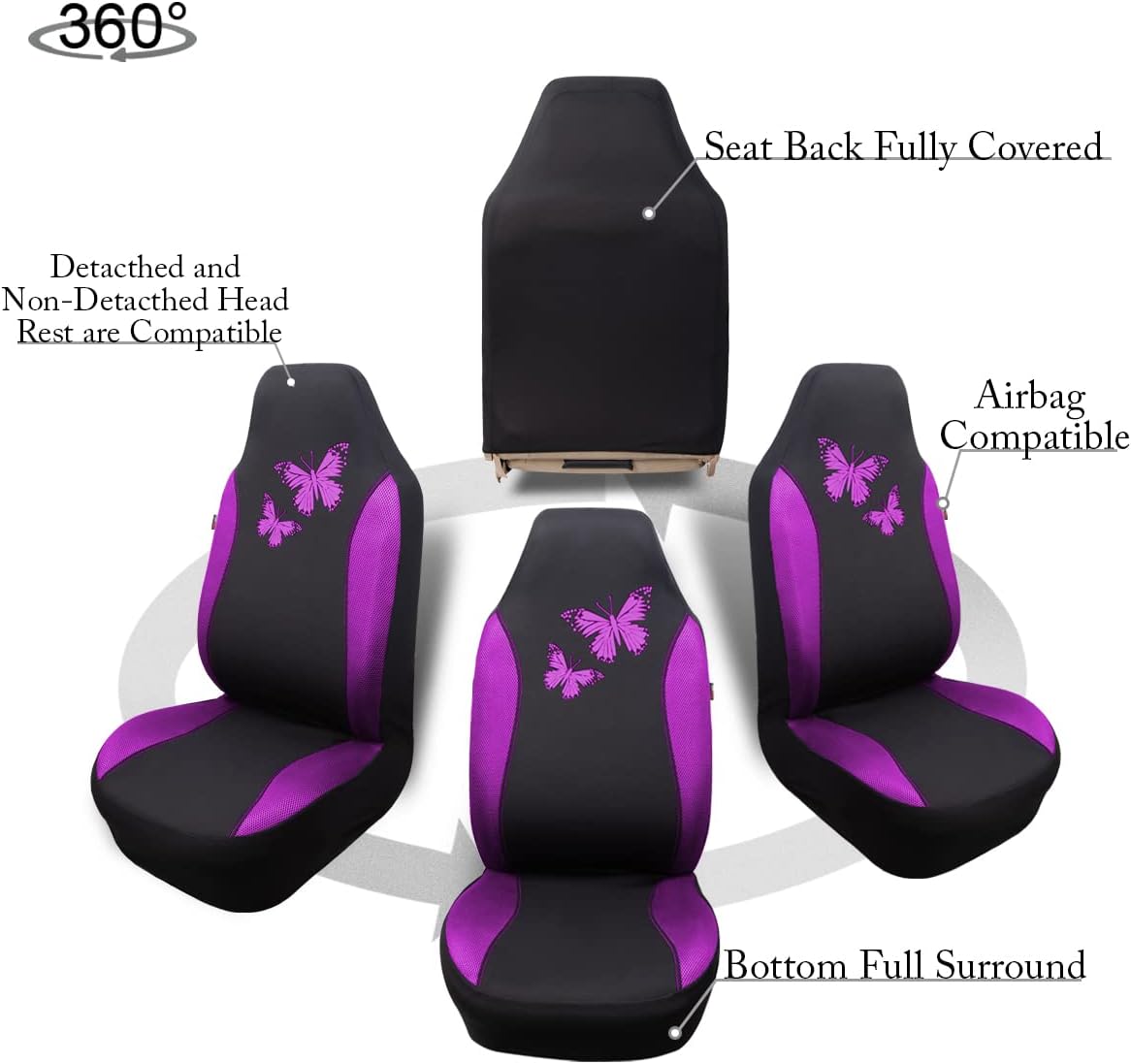 Flying Banner Butterfly car seat Covers ful Set Fashion Universal Lady Woman Female Rear Bench Split Colorized (Pink, 2 Fronts - Lace)
