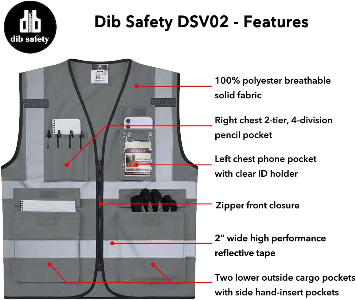 Dib Safety Reflective Safety Vest for Men Women, High Visibility Vest with Pockets and Zipper, ANSI Class 2