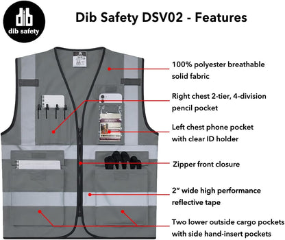 Dib Safety Reflective Safety Vest for Men Women, High Visibility Vest with Pockets and Zipper, ANSI Class 2