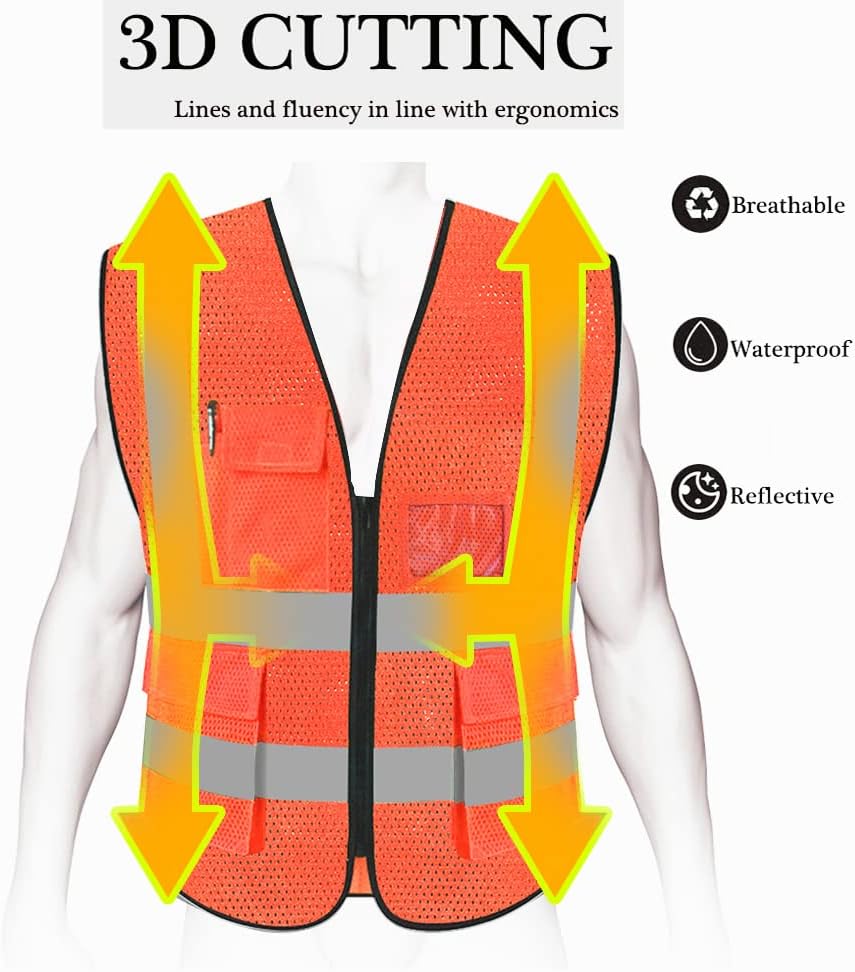 HYCOPROT High Visibility Mesh Safety Reflective Vest with Pockets and Zipper, Meets ANSI/ISEA Standards