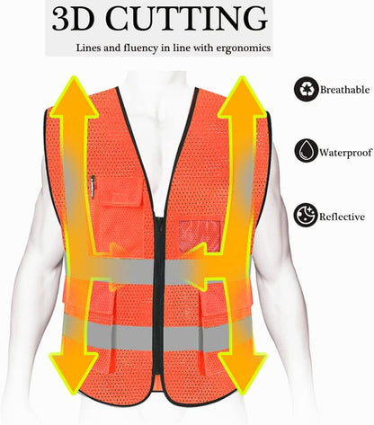 HYCOPROT High Visibility Mesh Safety Reflective Vest with Pockets and Zipper, Meets ANSI/ISEA Standards