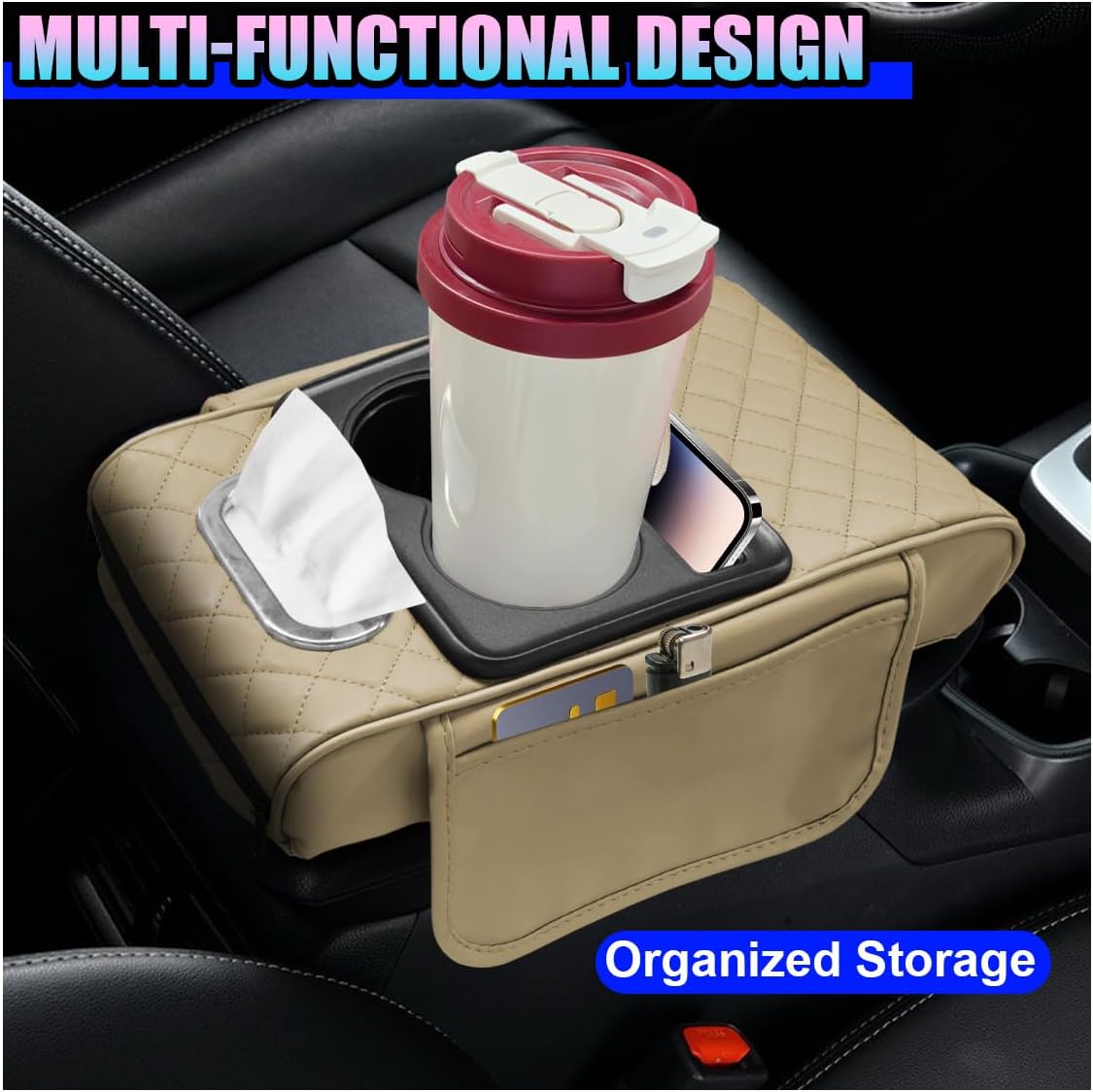 Leather Car Center Console Cover, Universal Automotive Armrest Booster Cushion, Vehicle Middle Console Organizer with 2 Cup Holders, Side Storage Bag, Tissue Box & Phone Slot(Black)