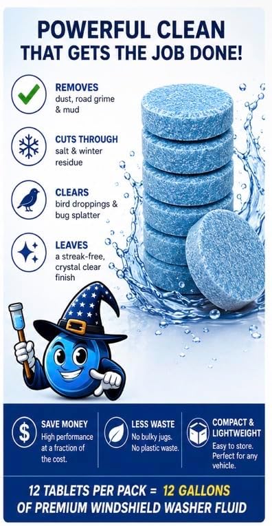 Windshield Washer Tablets – Concentrated Windshield Cleaner for Cars, Streak-Free Glass Cleaning Tablets, Easy-Mix Formula, Eco-Friendly 12 Pack