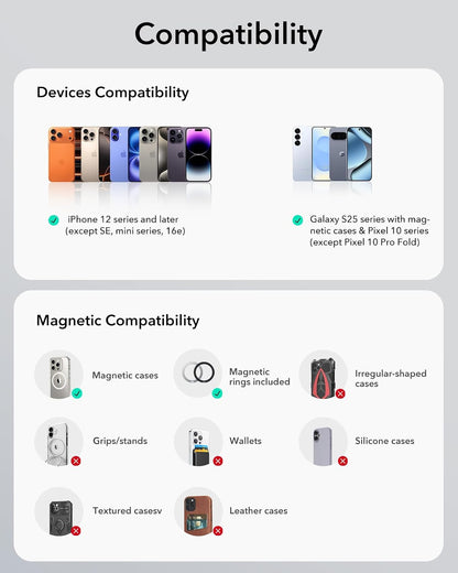 ESR for MagSafe Car Mount, Magnetic Phone Holder for Car Air Vent, Car Phone Holder Mount for iPhone 17e/17/16/16e/15/14/13/12/Samsung, All Smartphones(2 Metal Rings Included),Charging Not Supported