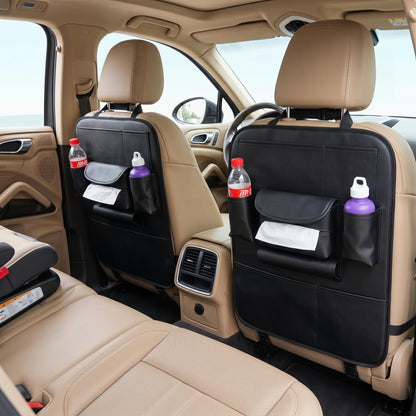 2 Pack PU Leather Premium Car SeatBack Organizer Travel Accessories Kick mats Back seat Protector and Cup Holder Holder Universal Use Seat Covers (23×17 in)