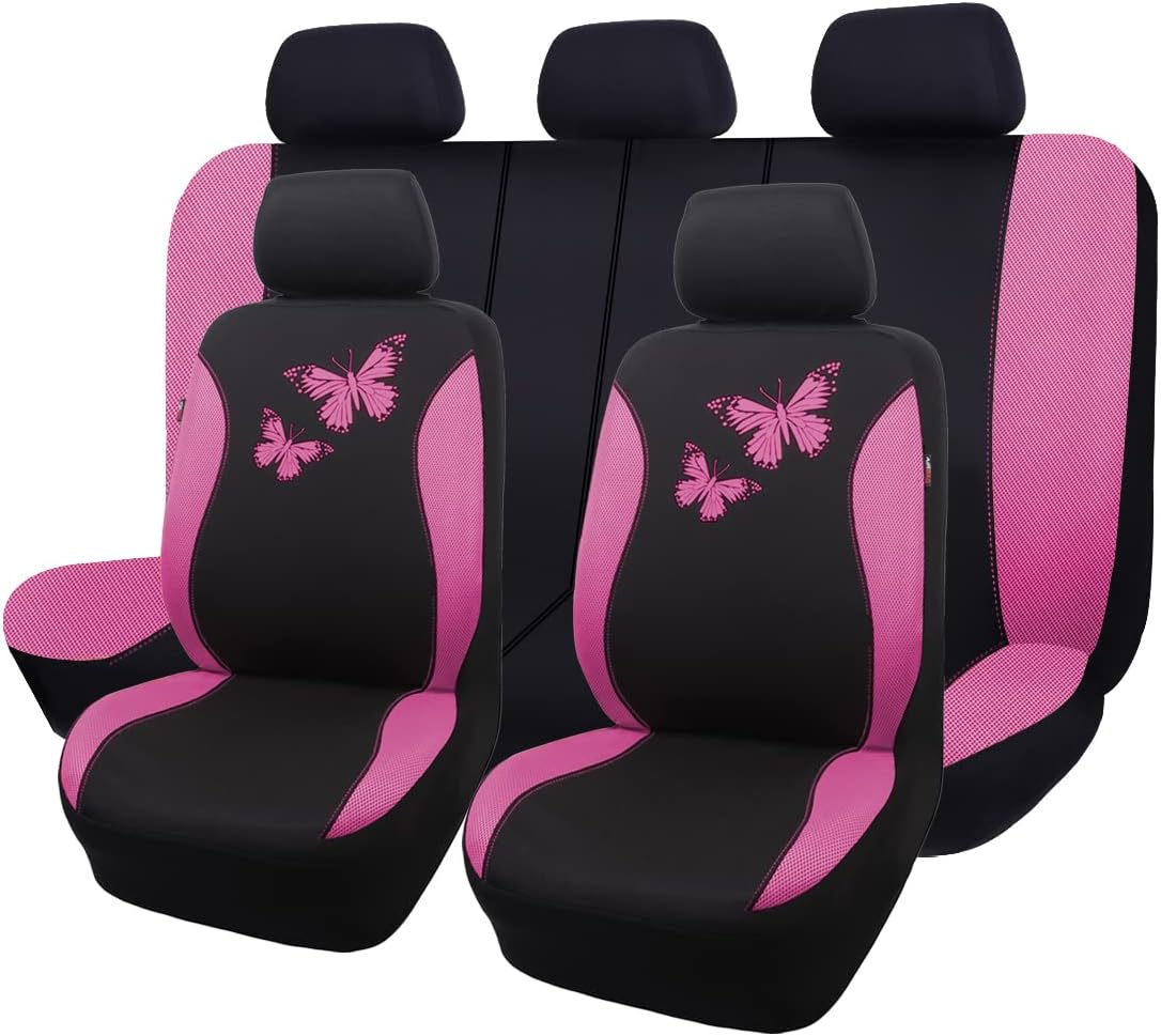 Flying Banner Butterfly car seat Covers ful Set Fashion Universal Lady Woman Female Rear Bench Split Colorized (Pink, 2 Fronts - Lace)