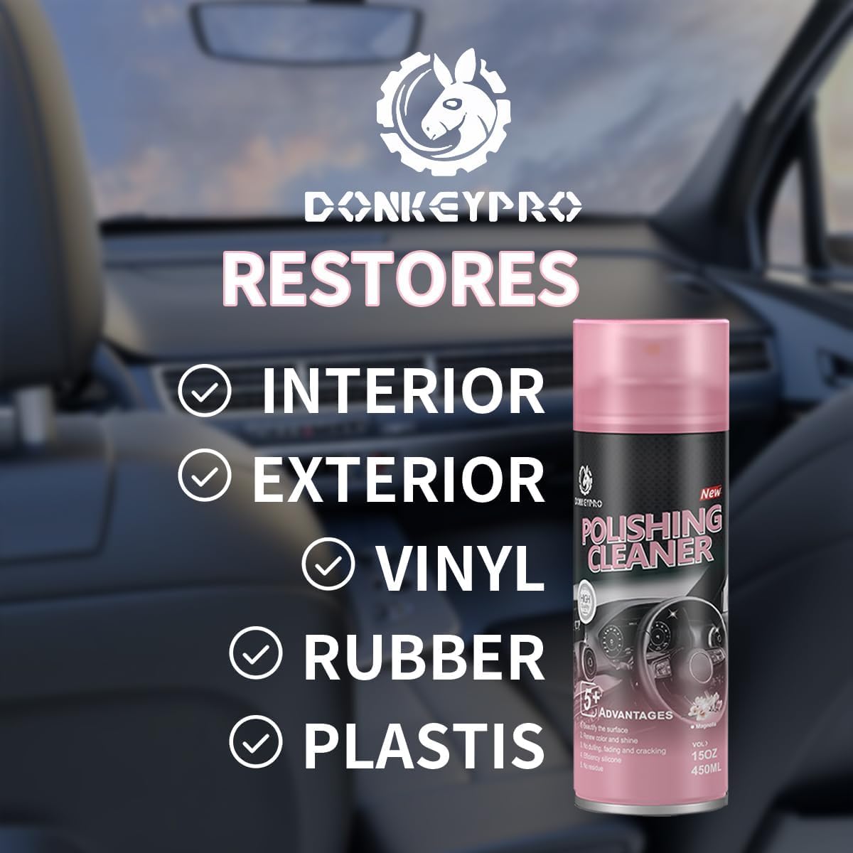 DONKEYPRO Car Interior Cleaner, Polishing Cleaner Detailer Spray for Vehicle Detailing, 450ml Aerosol 15 fl oz with Iron Can (2-Pack)