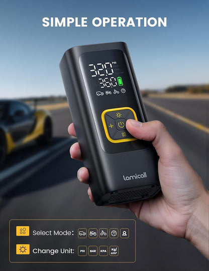 Car Tire Inflator Portable Air Compressor - Lamicall [4X Faster][150 PSI] Bike Air Pump, Rechargeable Battery, Pressure Gauge Display, LED Light, Automatic Car Cordless Pump for Motorcycle, Bike, Ball