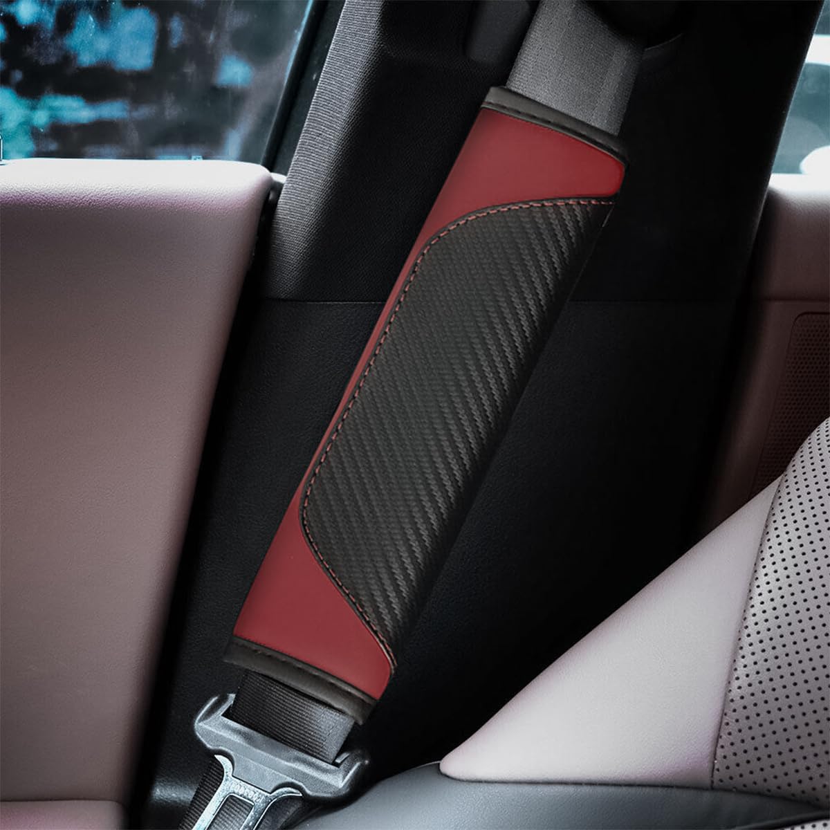 Osilly 2PCS Car Seat Belt Cover, Carbon Fiber Seatbelt Shoulder Protection, Soft Car Seat Belt Strap Cushion Protect Your Neck and Shoulder, Car Accessories Seat Belt Pad for Car Truck (Red)
