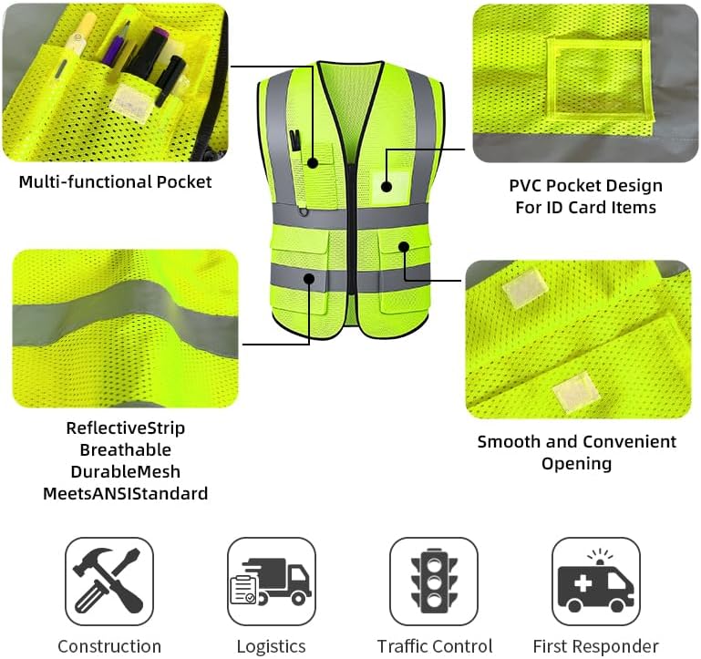 Reflective Safety Vest for Women Men High Visibility Security With Pocket Zipper Front Meet ANSI/ISEA Standard