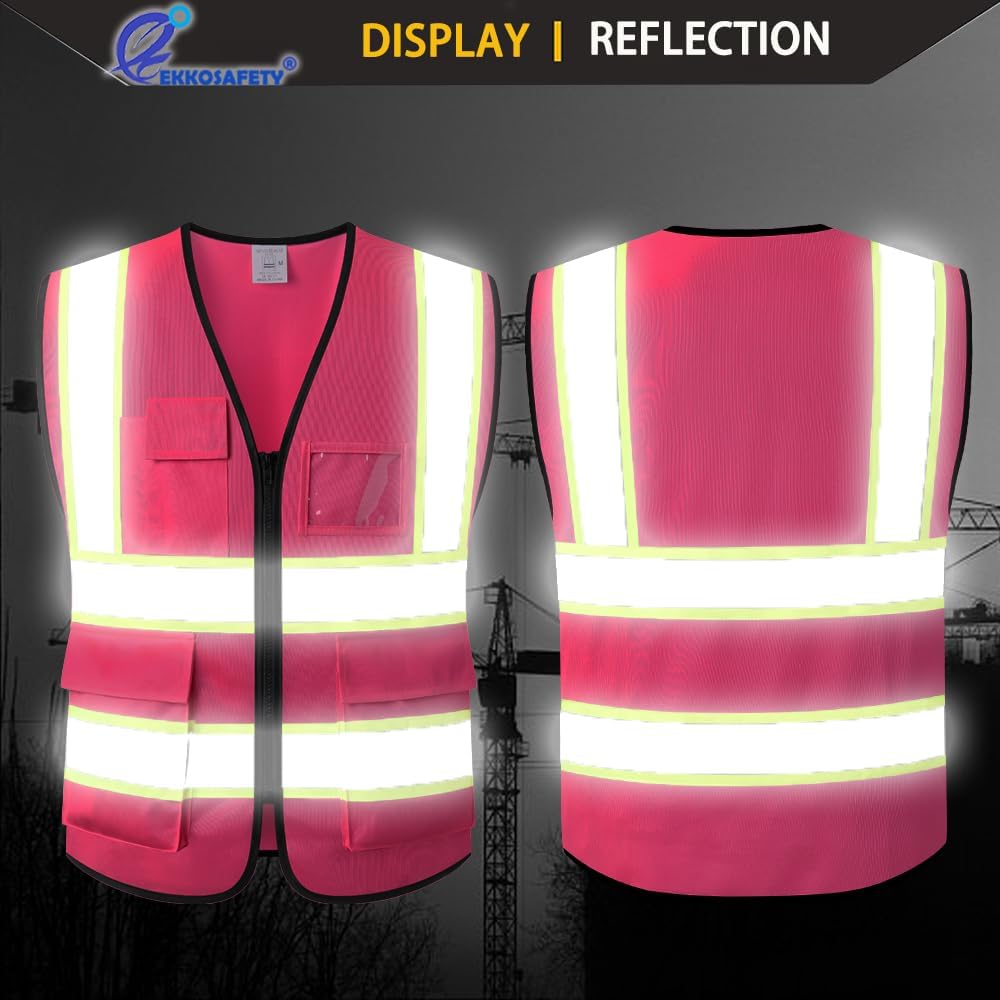 Reflective Mesh Safety Vest for Men Women with 5 Pockets and Zipper Front High Visibility Mesh Vest Hi Vis Construction Work Vest,Meets ANSI/ISEA Standards(EK175-Yellow-L)