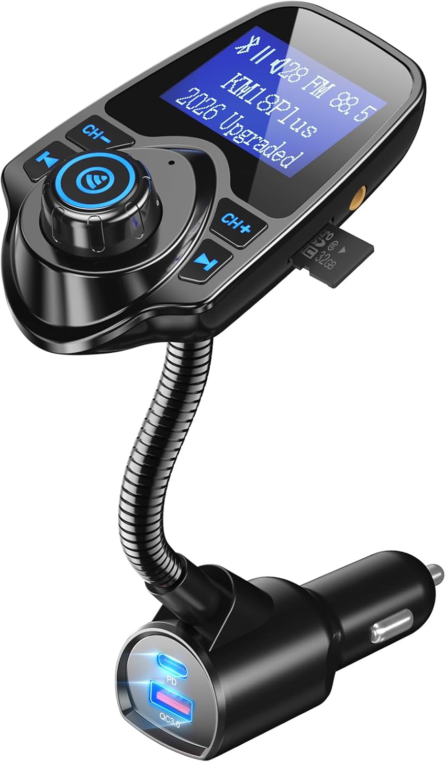Nulaxy KM18 Plus Bluetooth 5.4 Car Adapter with 48W Fast Charging PD 30W & QC3.0 18W, 1.44" Screen Wireless Radio FM Transmitter with Flexible Gooseneck, Supports Hands-Free Call, TF Card & AUX, Black