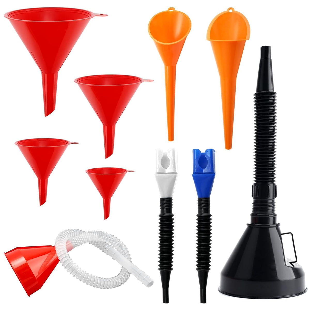 10Pcs Funnels for Automotive Use, Wide Mouth Plastic Oil Funnel Set | Flexible Long Neck Fuel Funnel Kit with Spout & Filter for Filling Car Engine Oil, Gasoline, Diesel, Coolant, Fluid