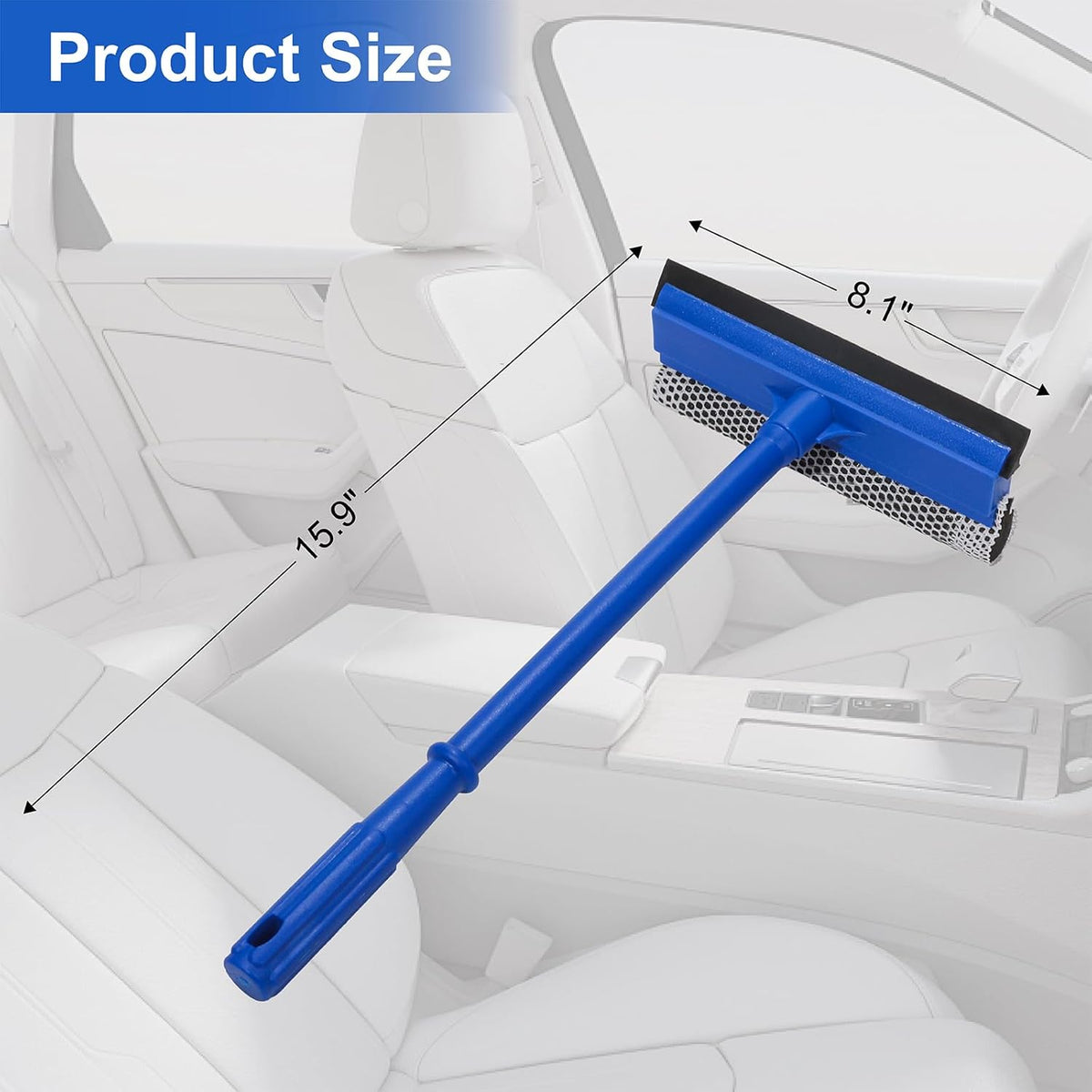 2-in-1 Car Window Cleaner, Multi-Use Car Windshield Cleaning Tool, with 15.9" Handle, 8" Soft Rubber Blade & Highly Absorbent Sponge, Home, Car, Glass, Shower, Outdoor Window Cleaning