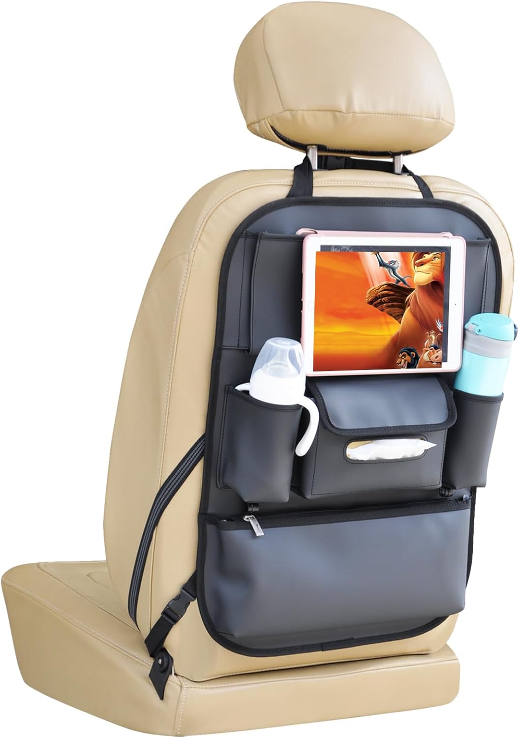 Viaviat Car Seat Organizers Waterproof Backseat Protector with Storage Pocket Large Leather Kick Mats for Kids Pets Automobile SUV Truck (Beige, Large Pocket)