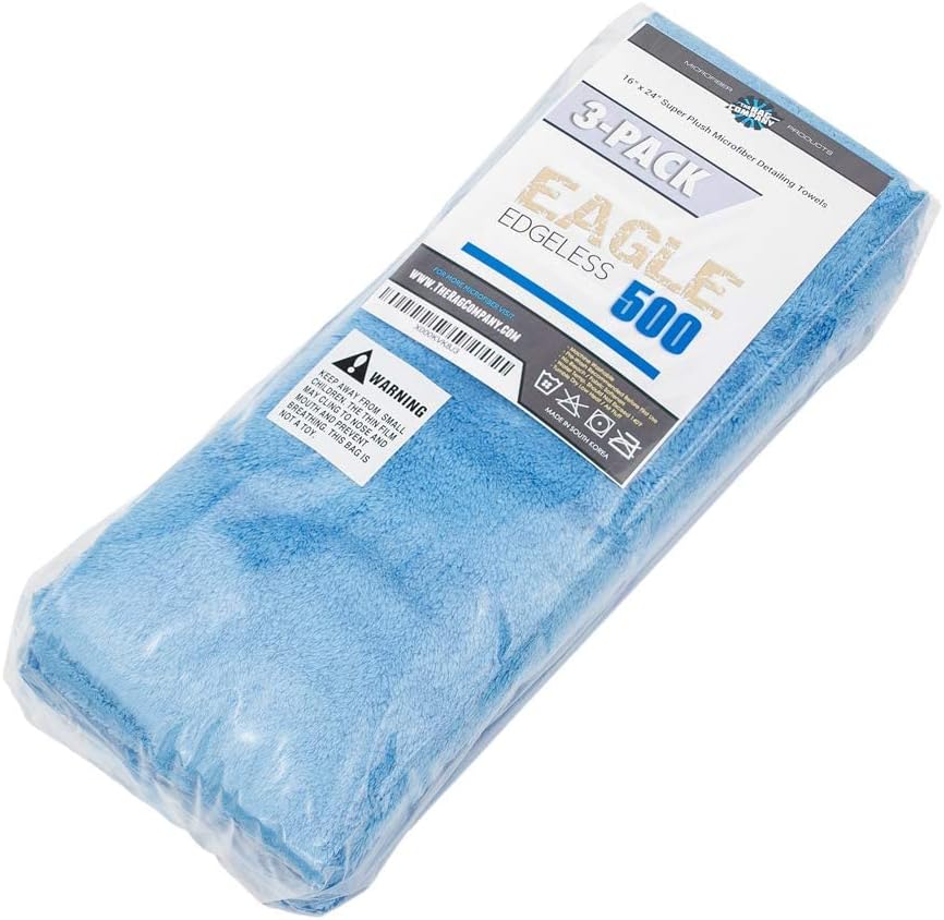 The Rag Company - Eagle Edgeless 500 (4-Pack) Professional Korean 70/30 Blend Super Plush Microfiber Detailing Towels, 500GSM, 16in x 16in, Blue