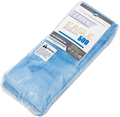 The Rag Company - Eagle Edgeless 500 (4-Pack) Professional Korean 70/30 Blend Super Plush Microfiber Detailing Towels, 500GSM, 16in x 16in, Blue