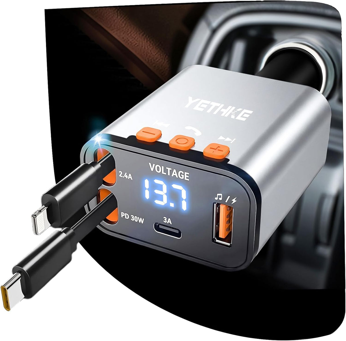 Bluetooth Car Adapter with Retractable Charger, FM Transmitter Bluetooth 5.4 for Cars, 4 in 1 Fast Car Phone Charger 69W, Handsfree Call, 2*Retractable Cable for iPhone 17/16/15/14, Galaxy-Black