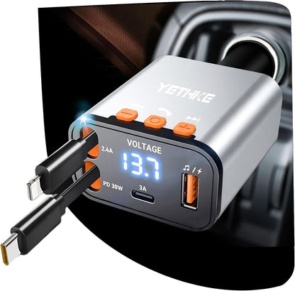 Bluetooth Car Adapter with Retractable Charger, FM Transmitter Bluetooth 5.4 for Cars, 4 in 1 Fast Car Phone Charger 69W, Handsfree Call, 2*Retractable Cable for iPhone 17/16/15/14, Galaxy-Black