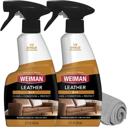 Weiman Leather Cleaner, Polish and Conditioner for Furniture, Car, Purses, Shoes, Boots and Couches- Micro Fiber Towel Included, 22oz
