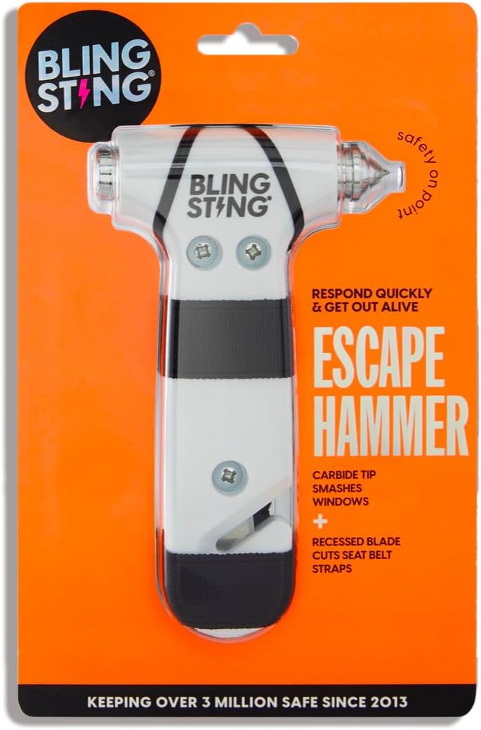 BLINGSTING Safety Hammer - Emergency Automotive Escape Tool with Window Breaker, Seat Belt Cutter & Adjustable Car Visor Strap - Tempered Glass Breaker - Steel Blade - Rose Gold (1 Count)