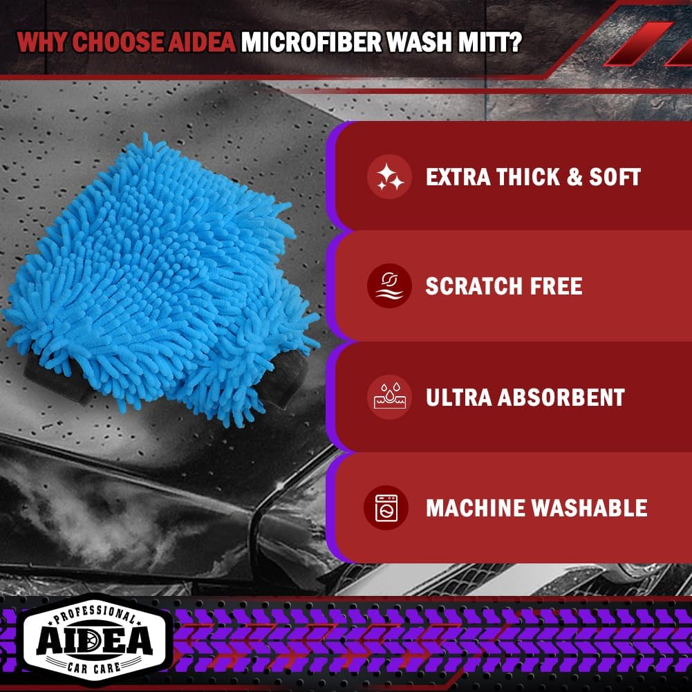 AIDEA Car Wash Mitt Microfiber, 1PK-Scratch-Free& Lint-Free, Premium Chenille Microfiber Mitt Car Wash Brush-Green Regular Size (7.12''X10.14'')