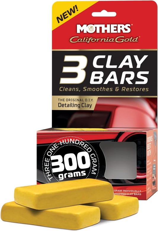 Mothers California Gold 3 Clay Bars, 3 100-gram — Removes Overspray, Brake Dust, Bugs & More, Restores Smooth, Brilliant Finish to Paint, Chrome, Glass & Plastic, Safe & Easy to Use (07242)