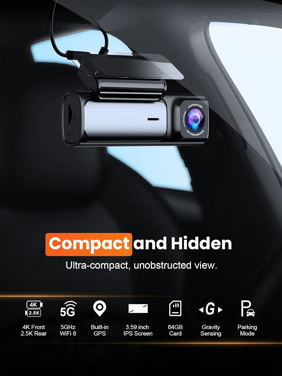 Affver 4K+2.5K Dash Cam Front and Rear, Built-in 5G WiFi 6 GPS, 64GB Card Included, 3.59'' IPS Screen Dash Camera for Cars, Dual Dashcam with G-Sensor, Loop Recording, 24H Parking Monitor
