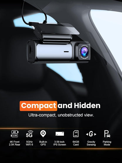 Affver 4K+2.5K Dash Cam Front and Rear, Built-in 5G WiFi 6 GPS, 64GB Card Included, 3.59'' IPS Screen Dash Camera for Cars, Dual Dashcam with G-Sensor, Loop Recording, 24H Parking Monitor