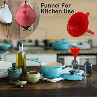 KongNai 4 Pieces Plastic Funnel Set for Kitchen and Automotive Use, Mini, Small, Medium and Large Funnel for Filling Bottles, Canning, Cooking, Lab or Car Oil Funnels (Red)